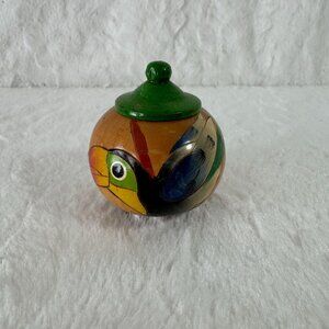 Handmade Wooden Trinket Jar With Lid Folk Art Colorful Parrot Toucan Bird Design